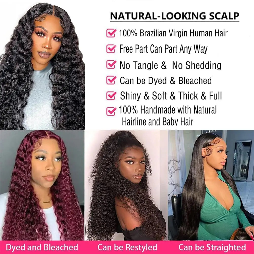 Deep Wave Lace Front Wig Human Hair Pre Plucked with Baby Hair 13x4 Transparent Lace Frontal Wig Brazilian Virgin Human Hair Wig