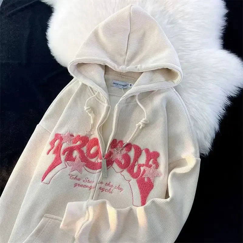 Zipper Hoodie Y2K Hip Hop Letter Embroidery Retro Corduroy Hoodie Sweatshirt Mens Womens Harajuku Gothic Jacket Coats Clothes