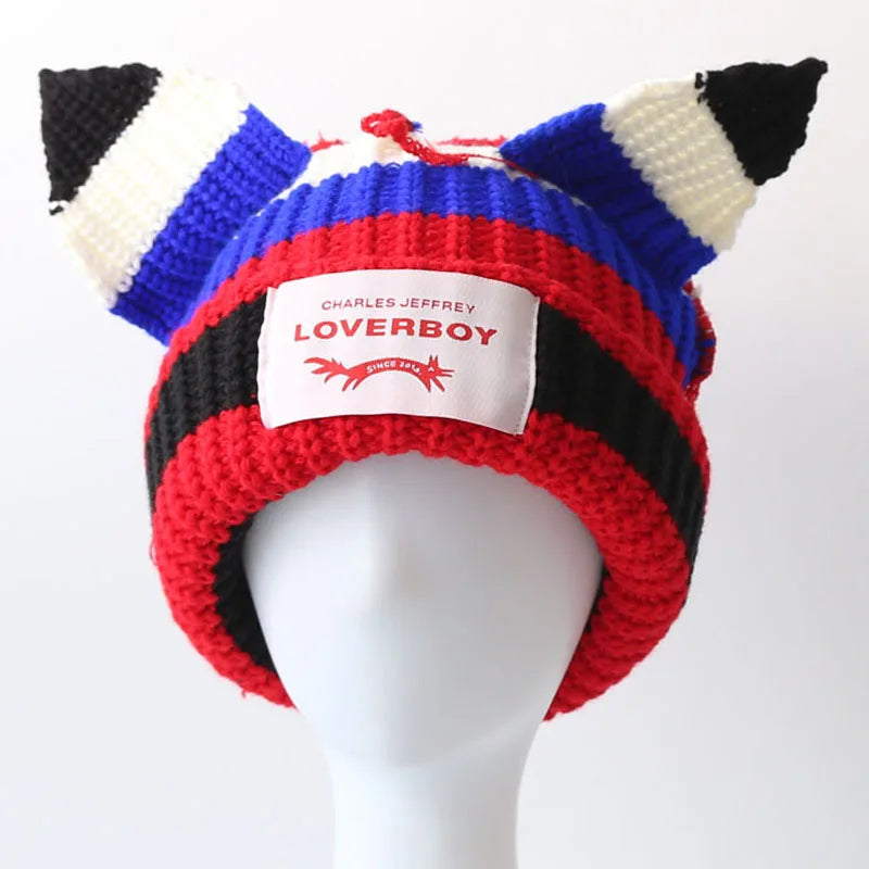 Loverboy Cat Ear Knit Hat Double-layer Warm Pig Ear Woolen Hat Cute Fashion Hooded Cap Niche Design Hip-hop Personality Cold Hat
