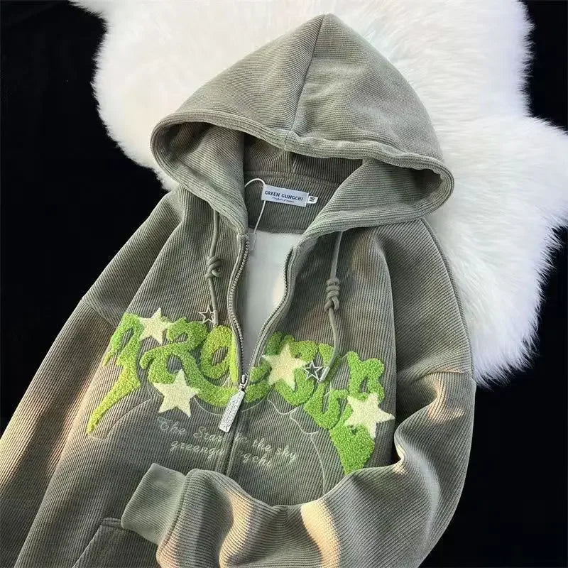 Zipper Hoodie Y2K Hip Hop Letter Embroidery Retro Corduroy Hoodie Sweatshirt Mens Womens Harajuku Gothic Jacket Coats Clothes
