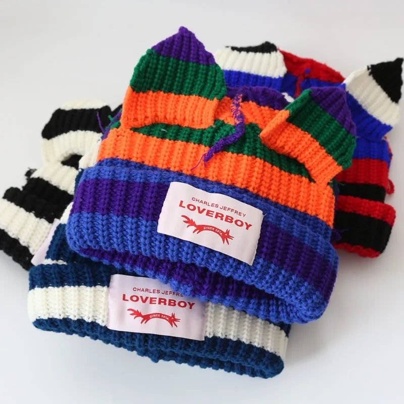 Loverboy Cat Ear Knit Hat Double-layer Warm Pig Ear Woolen Hat Cute Fashion Hooded Cap Niche Design Hip-hop Personality Cold Hat