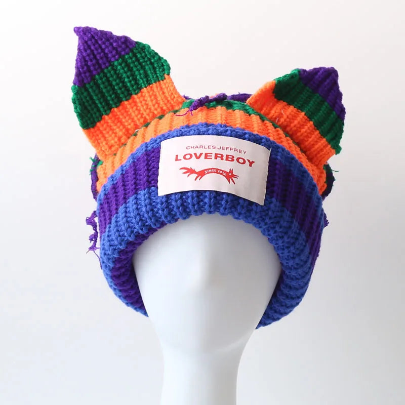 Loverboy Cat Ear Knit Hat Double-layer Warm Pig Ear Woolen Hat Cute Fashion Hooded Cap Niche Design Hip-hop Personality Cold Hat