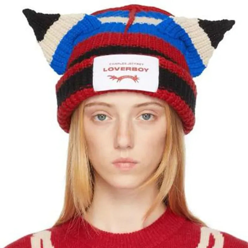 Loverboy Cat Ear Knit Hat Double-layer Warm Pig Ear Woolen Hat Cute Fashion Hooded Cap Niche Design Hip-hop Personality Cold Hat