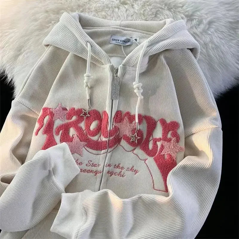Zipper Hoodie Y2K Hip Hop Letter Embroidery Retro Corduroy Hoodie Sweatshirt Mens Womens Harajuku Gothic Jacket Coats Clothes