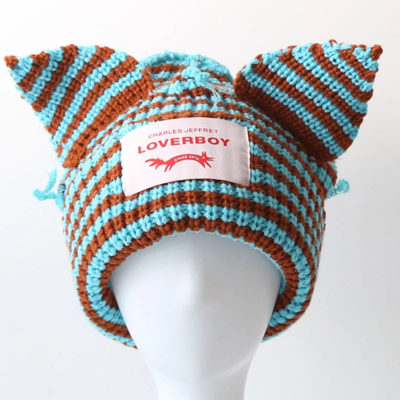 Loverboy Cat Ear Knit Hat Double-layer Warm Pig Ear Woolen Hat Cute Fashion Hooded Cap Niche Design Hip-hop Personality Cold Hat
