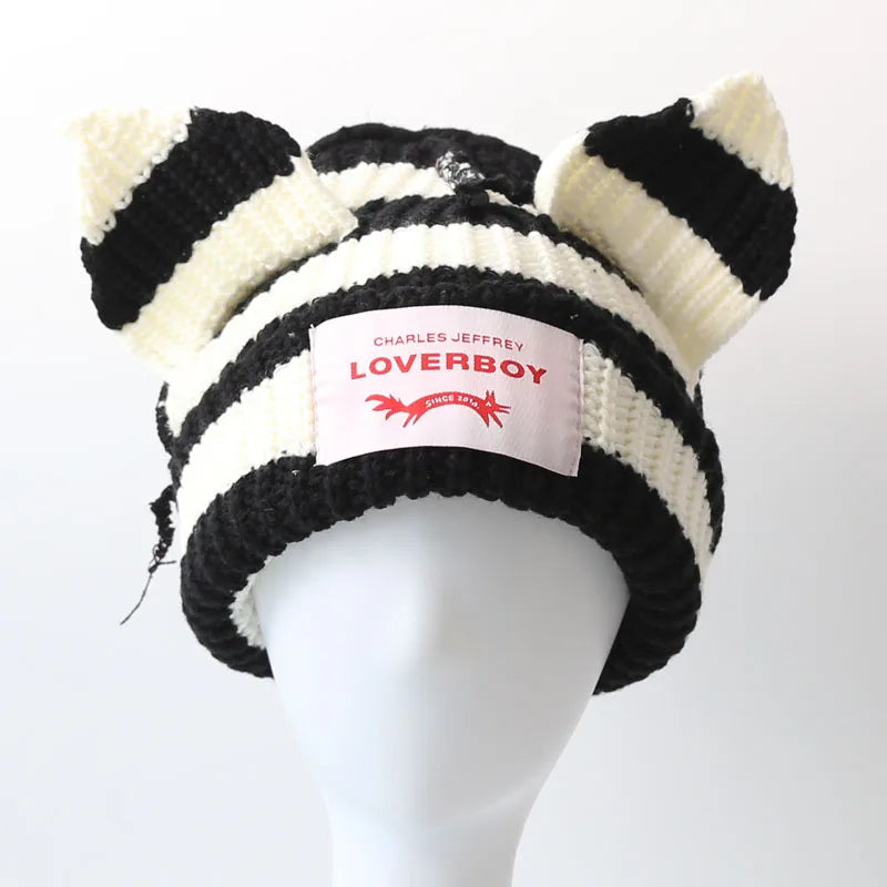 Loverboy Cat Ear Knit Hat Double-layer Warm Pig Ear Woolen Hat Cute Fashion Hooded Cap Niche Design Hip-hop Personality Cold Hat