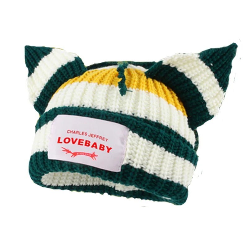 Loverboy Cat Ear Knit Hat Double-layer Warm Pig Ear Woolen Hat Cute Fashion Hooded Cap Niche Design Hip-hop Personality Cold Hat
