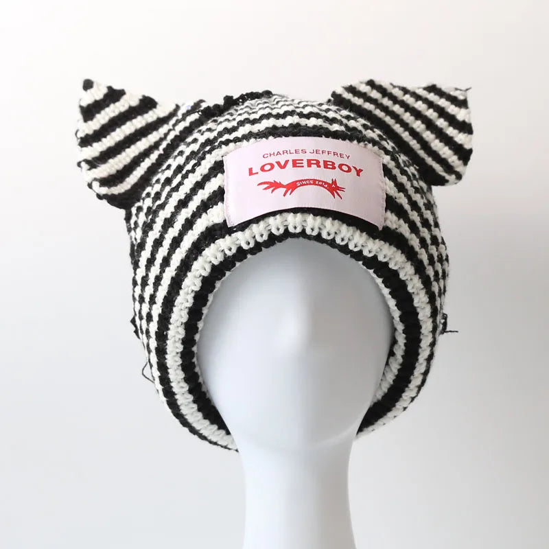 Loverboy Cat Ear Knit Hat Double-layer Warm Pig Ear Woolen Hat Cute Fashion Hooded Cap Niche Design Hip-hop Personality Cold Hat