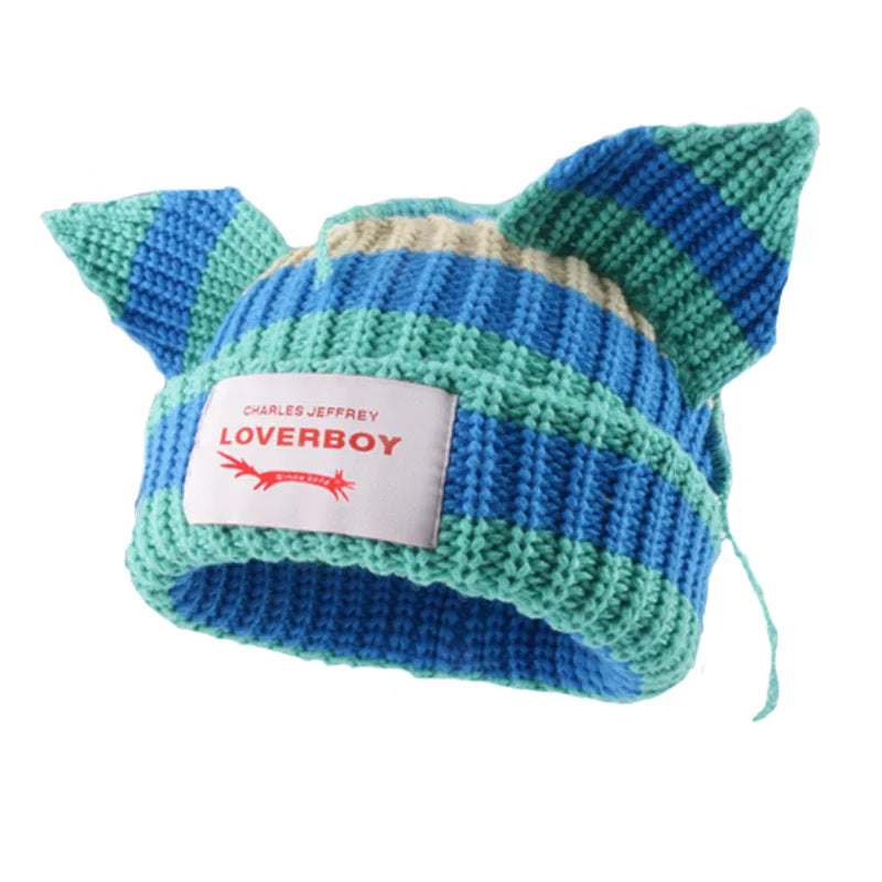 Loverboy Cat Ear Knit Hat Double-layer Warm Pig Ear Woolen Hat Cute Fashion Hooded Cap Niche Design Hip-hop Personality Cold Hat