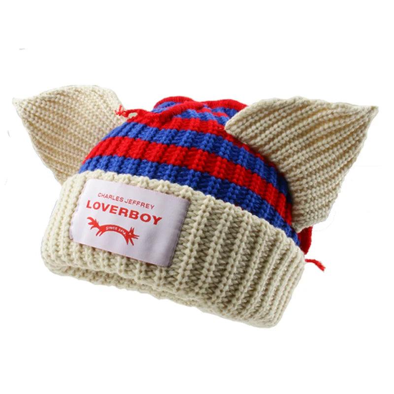 Loverboy Cat Ear Knit Hat Double-layer Warm Pig Ear Woolen Hat Cute Fashion Hooded Cap Niche Design Hip-hop Personality Cold Hat