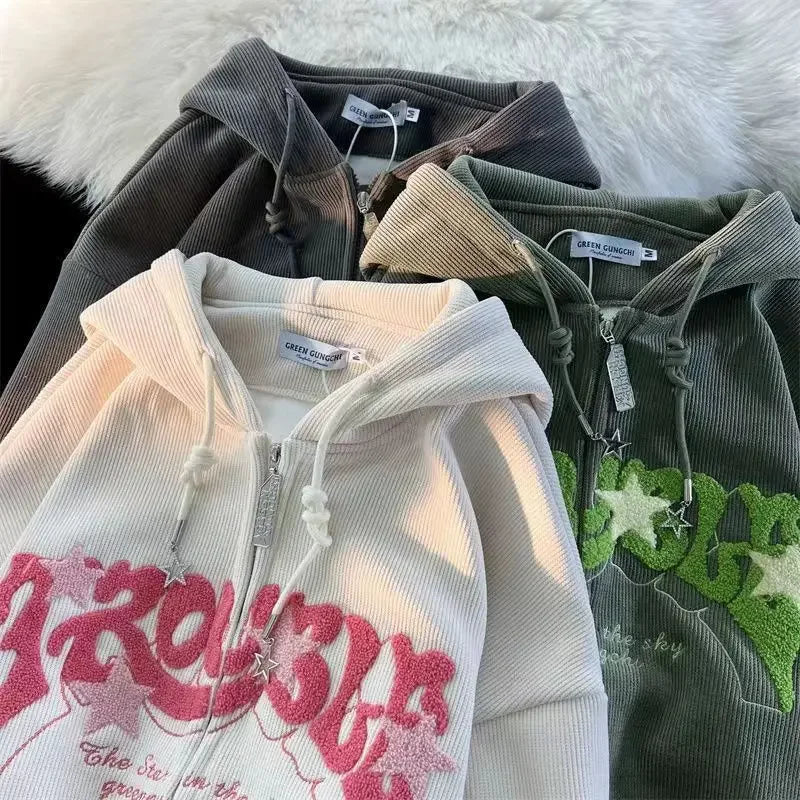 Zipper Hoodie Y2K Hip Hop Letter Embroidery Retro Corduroy Hoodie Sweatshirt Mens Womens Harajuku Gothic Jacket Coats Clothes