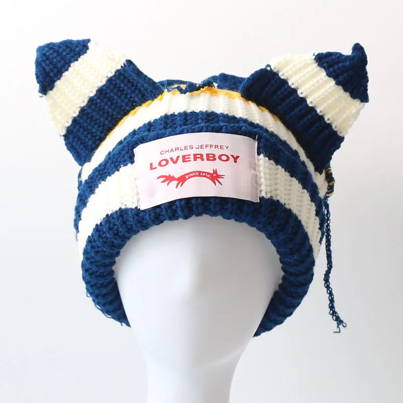 Loverboy Cat Ear Knit Hat Double-layer Warm Pig Ear Woolen Hat Cute Fashion Hooded Cap Niche Design Hip-hop Personality Cold Hat