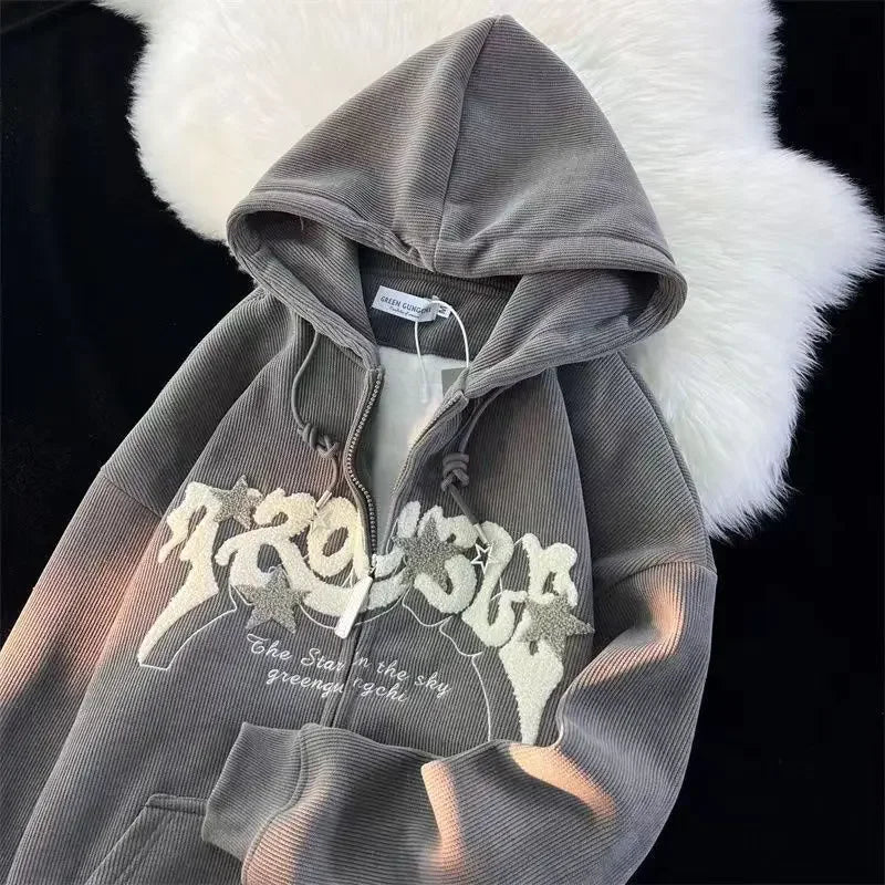 Zipper Hoodie Y2K Hip Hop Letter Embroidery Retro Corduroy Hoodie Sweatshirt Mens Womens Harajuku Gothic Jacket Coats Clothes
